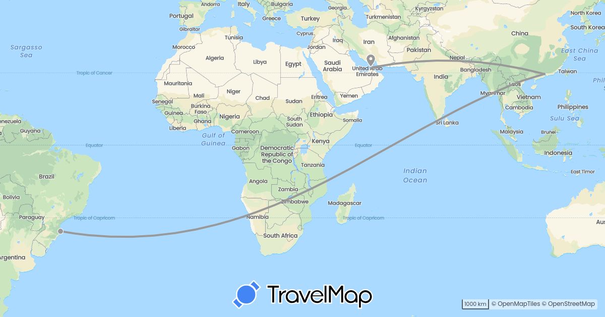 TravelMap itinerary: driving, plane in United Arab Emirates, Brazil, China, Vietnam (Asia, South America)