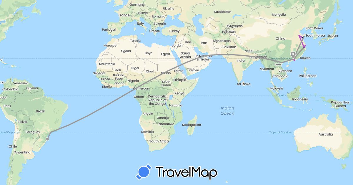 TravelMap itinerary: driving, plane, train in United Arab Emirates, Brazil, China, Vietnam (Asia, South America)